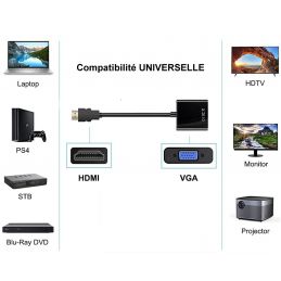 Adaptateur convertisseur HDMI vers VGA1080P Full HD, Noir